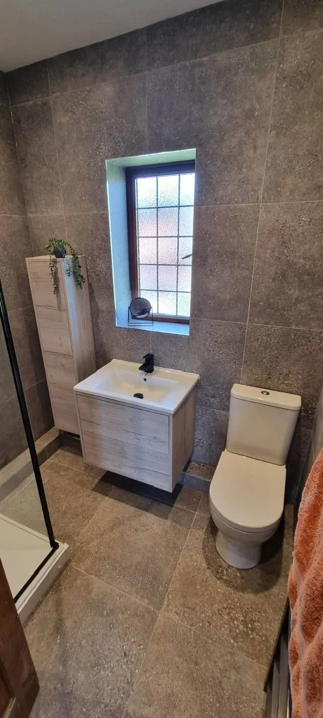 Bathroom installation by Space B Tiling: vanity and toilet against taupe stone-effect tiles